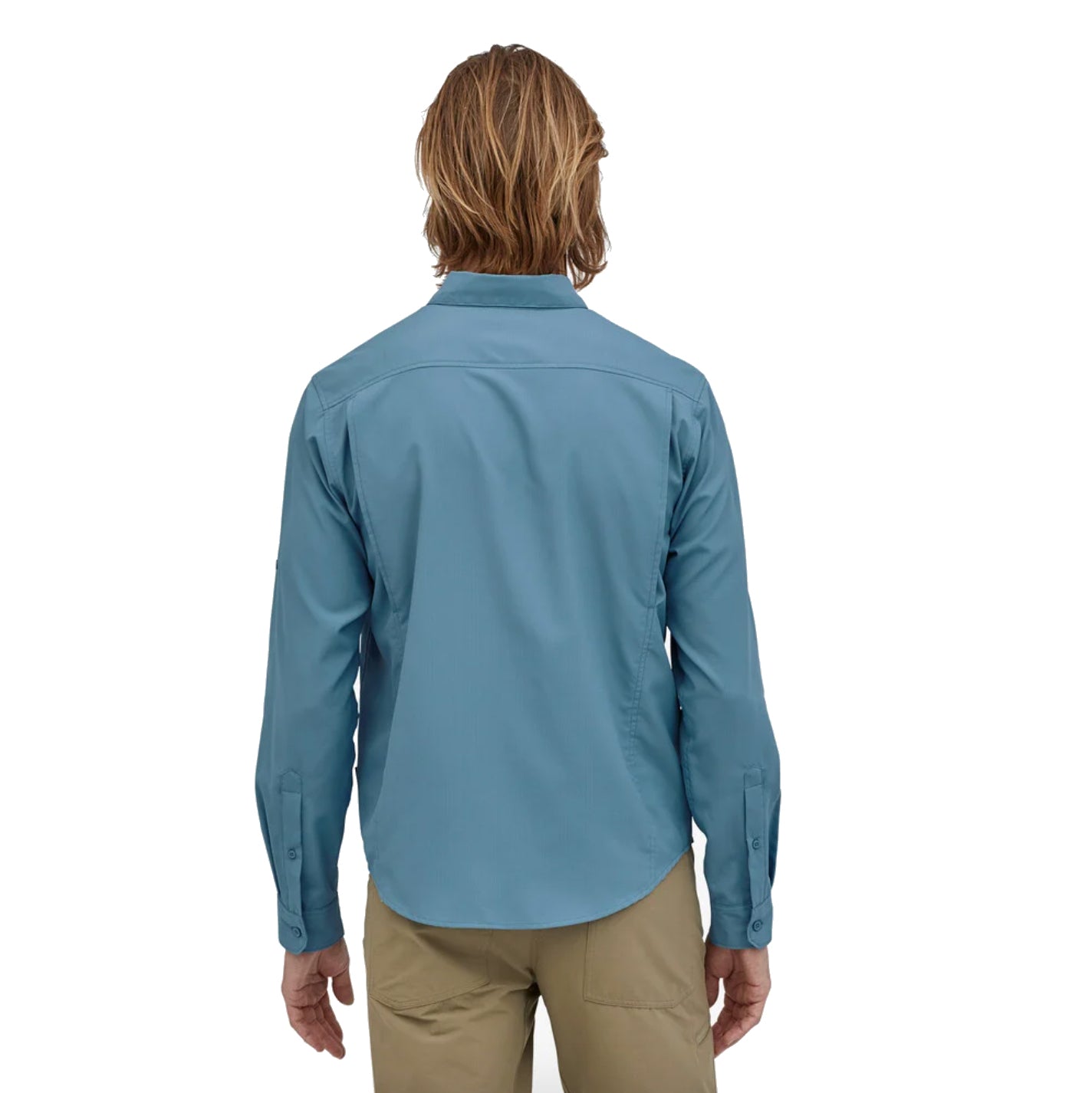 patagonia men's long sleeved self guided hiking shirt in pigeon blue on model back view