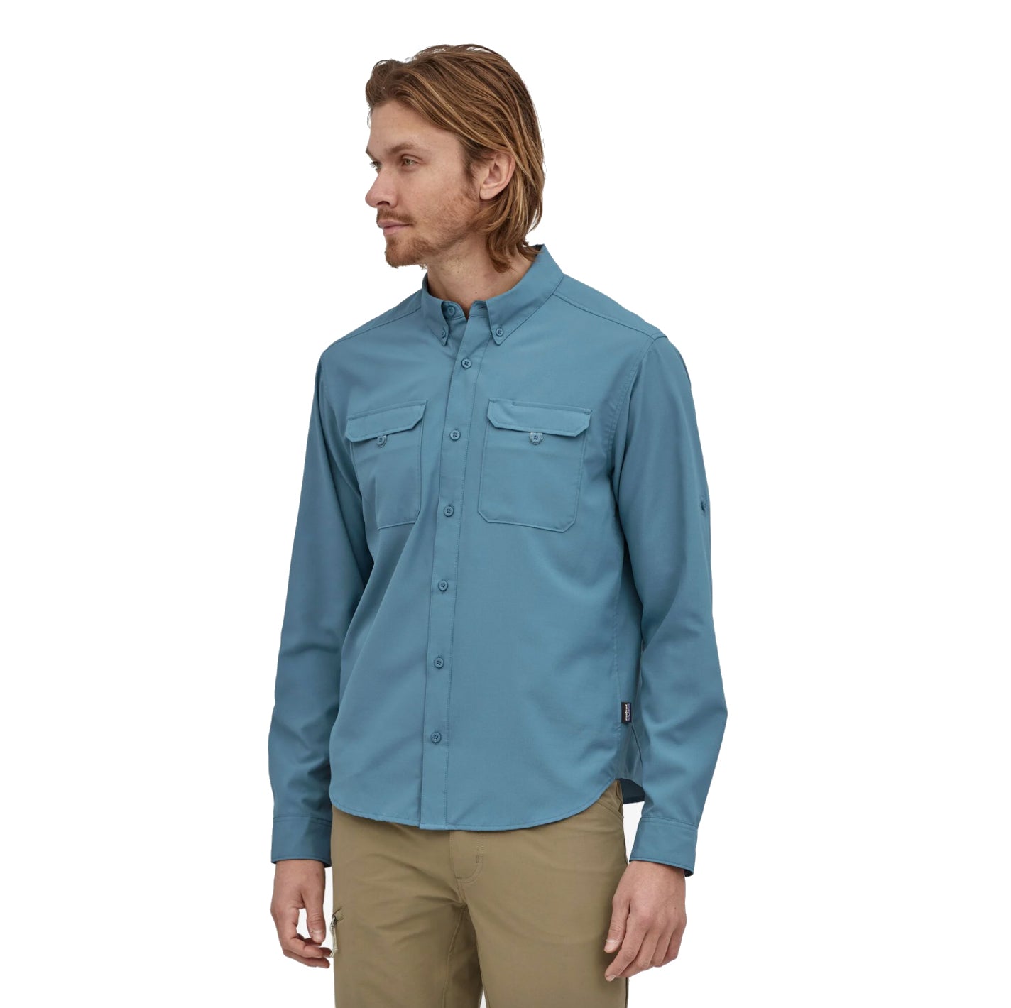patagonia men's long sleeved self guided hiking shirt in pigeon blue on model front view