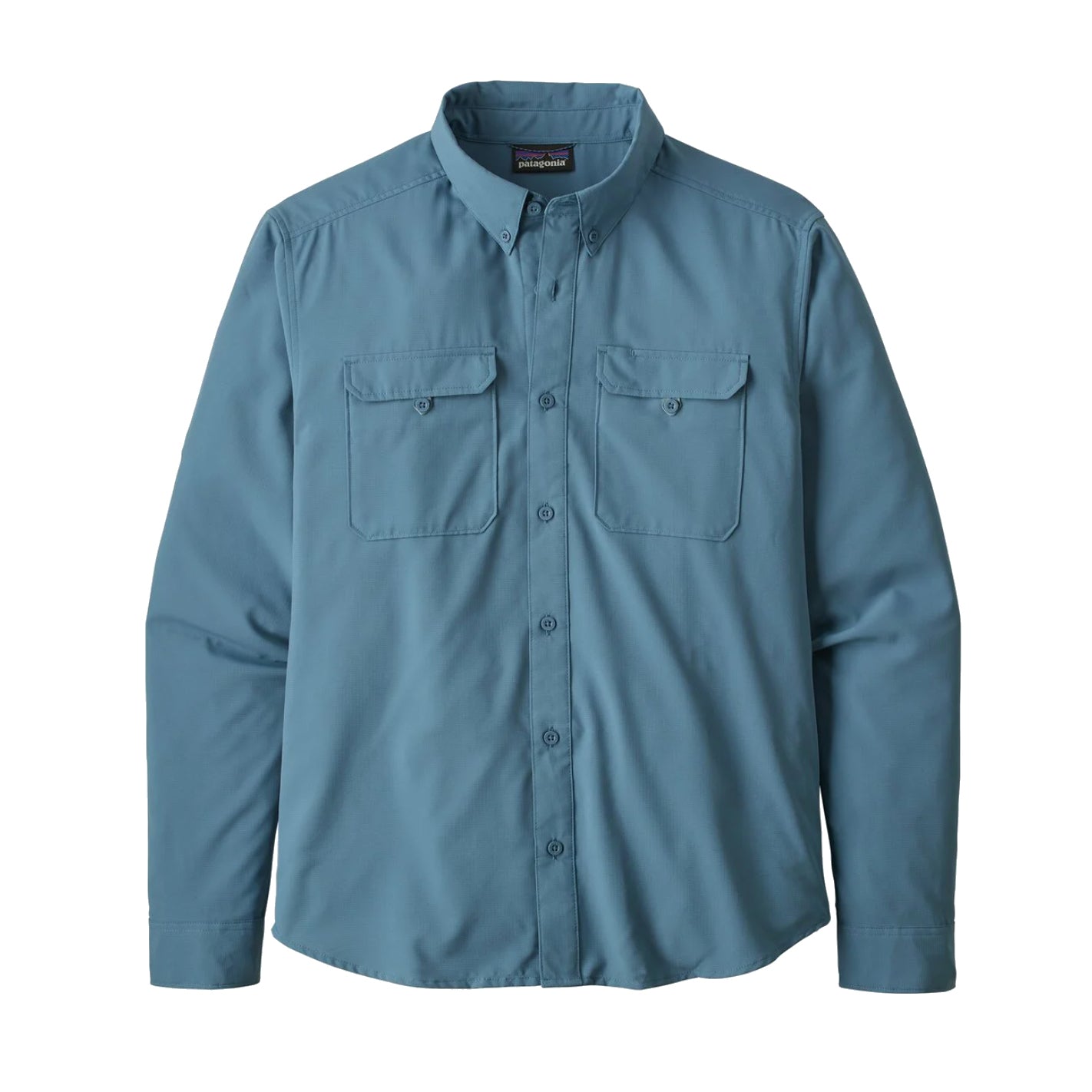 patagonia men's long sleeved self guided hiking shirt in pigeon blue