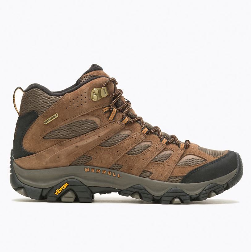 merrell mens moab 3 mid waterproof wide in earth color, side view