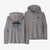 A photo of the patagonia womens capilene cool daily graphic hoody in the color skyline stencil: feather grey, a view of the front and back