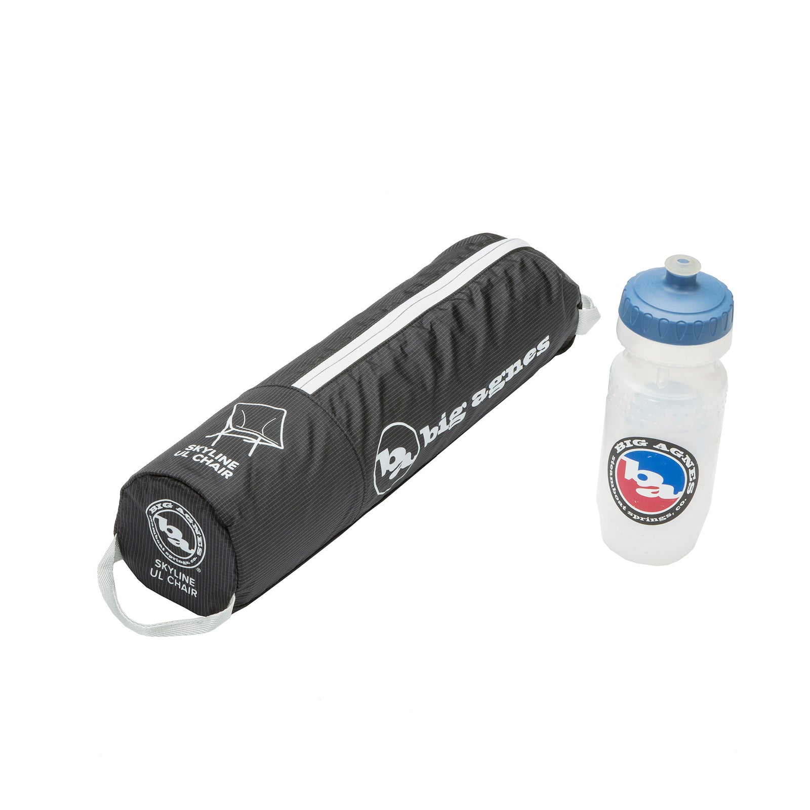 skyline chair stored in its bag with a water bottle for comparison