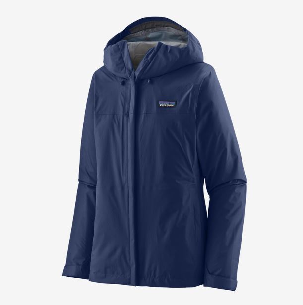 a photo of the patagonia womens torrentshell rain jacket in the color sound blue, front view