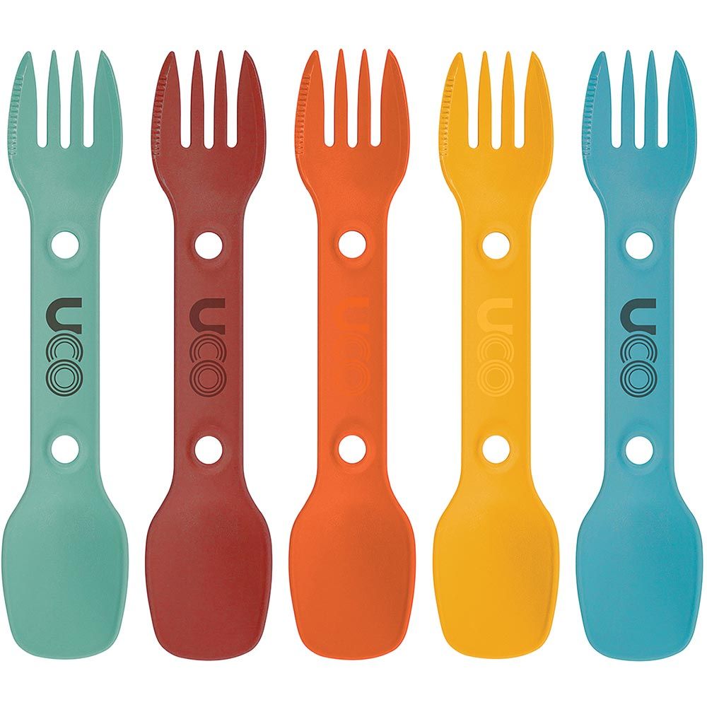 an assortment of eco plastic sporks in a line showing blue, orange, red, yellow