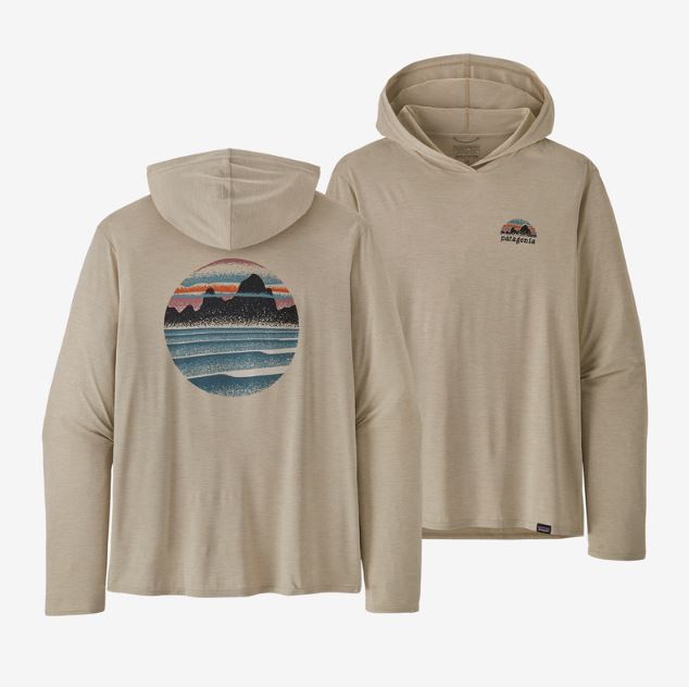 a photo of the patagonia mens capilene cool daily hoody graphic relaxed fit in the color skyline stencil: pumice x-dye