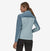 patagonia womens cross strata hoody in steam blue, back view on a model
