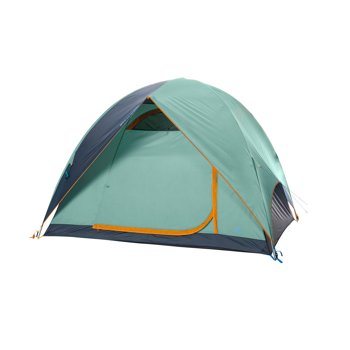 kelty tallboy 4 person tent with fly on and door closed in color teal with orange accents