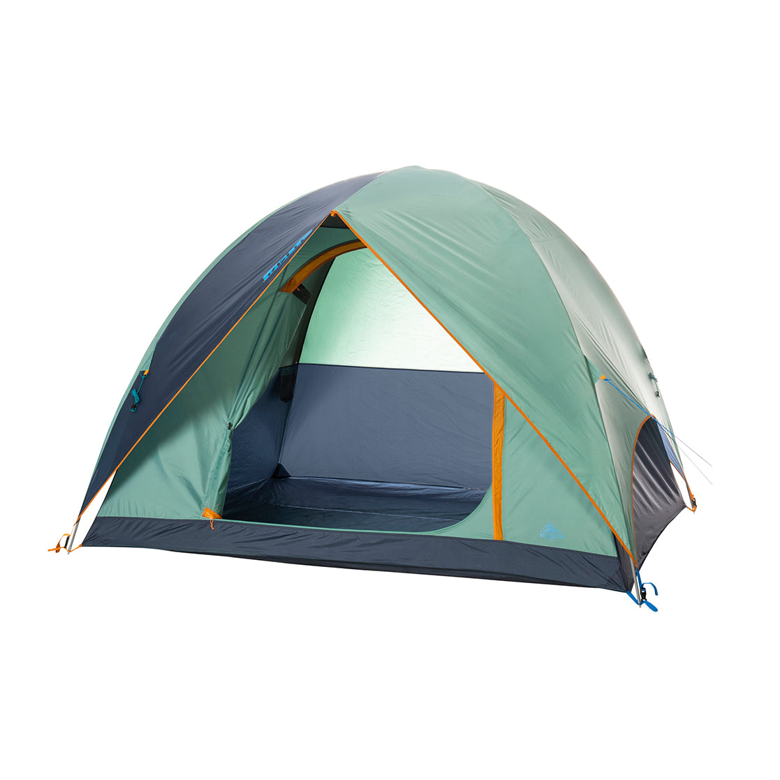 kelty tallboy 4 person tent with fly on and door open in color light teal with orange accents