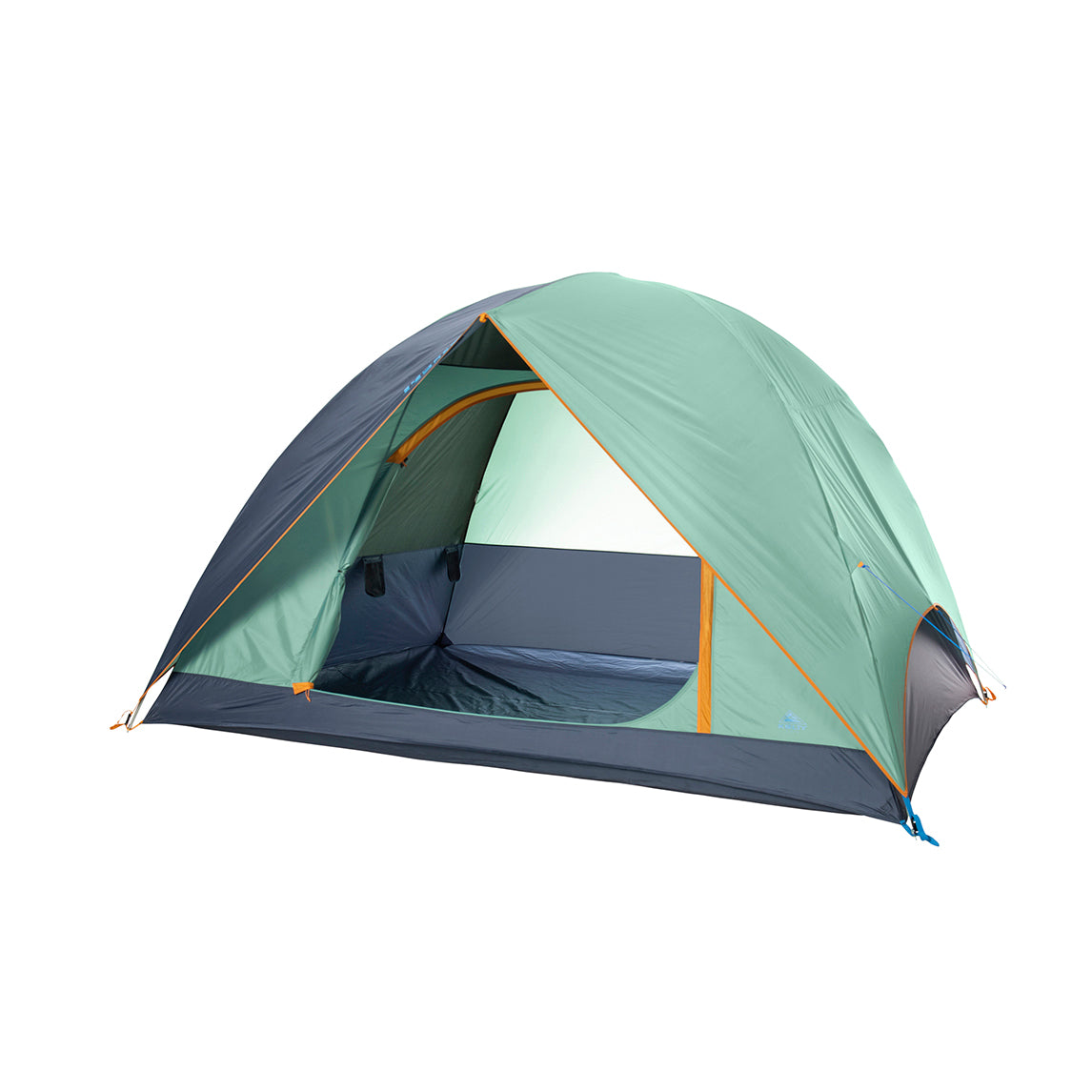 kelty tallboy 6 person tent fly on and open front view in color light teal with orange accents