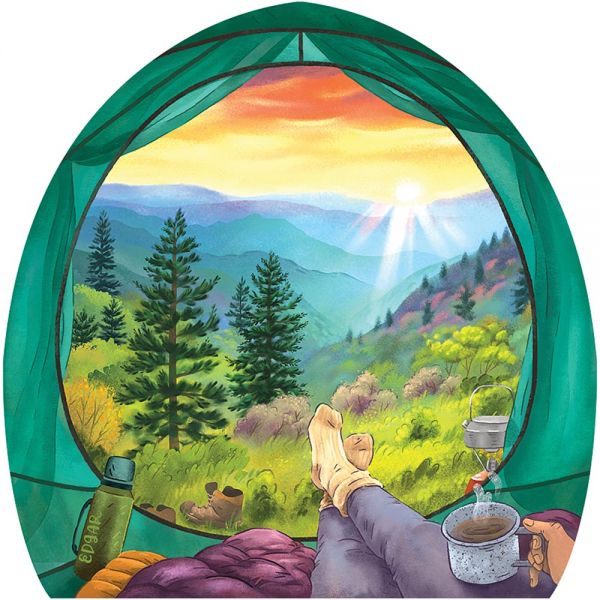 premium vinyl sticker of the view into the mountains from inside a tent