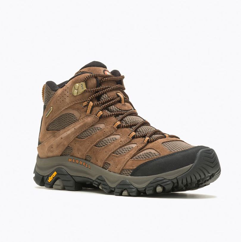 merrell mens moab 3 mid waterproof wide in earth color, three quarters view