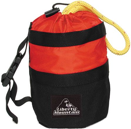 a yellow 7mm polypro rope comes out of the red and black nylon throw bag