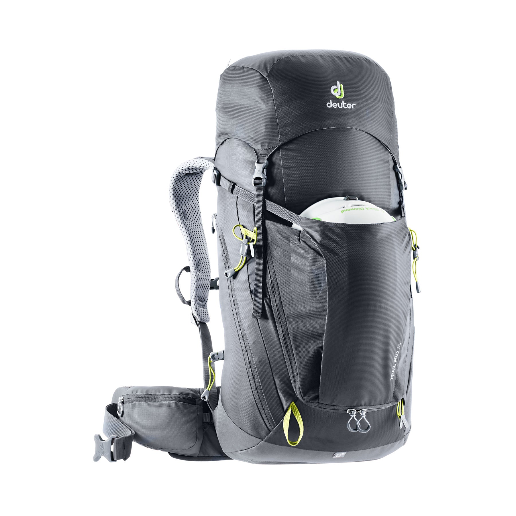 deuter trail pro 36 liter backpack front view with helmet in color black with lime green details