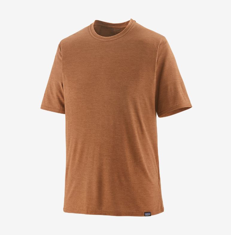 patagonia mens capilene cool daily shirt in the color trip brown-dark trip brown x dye, front view