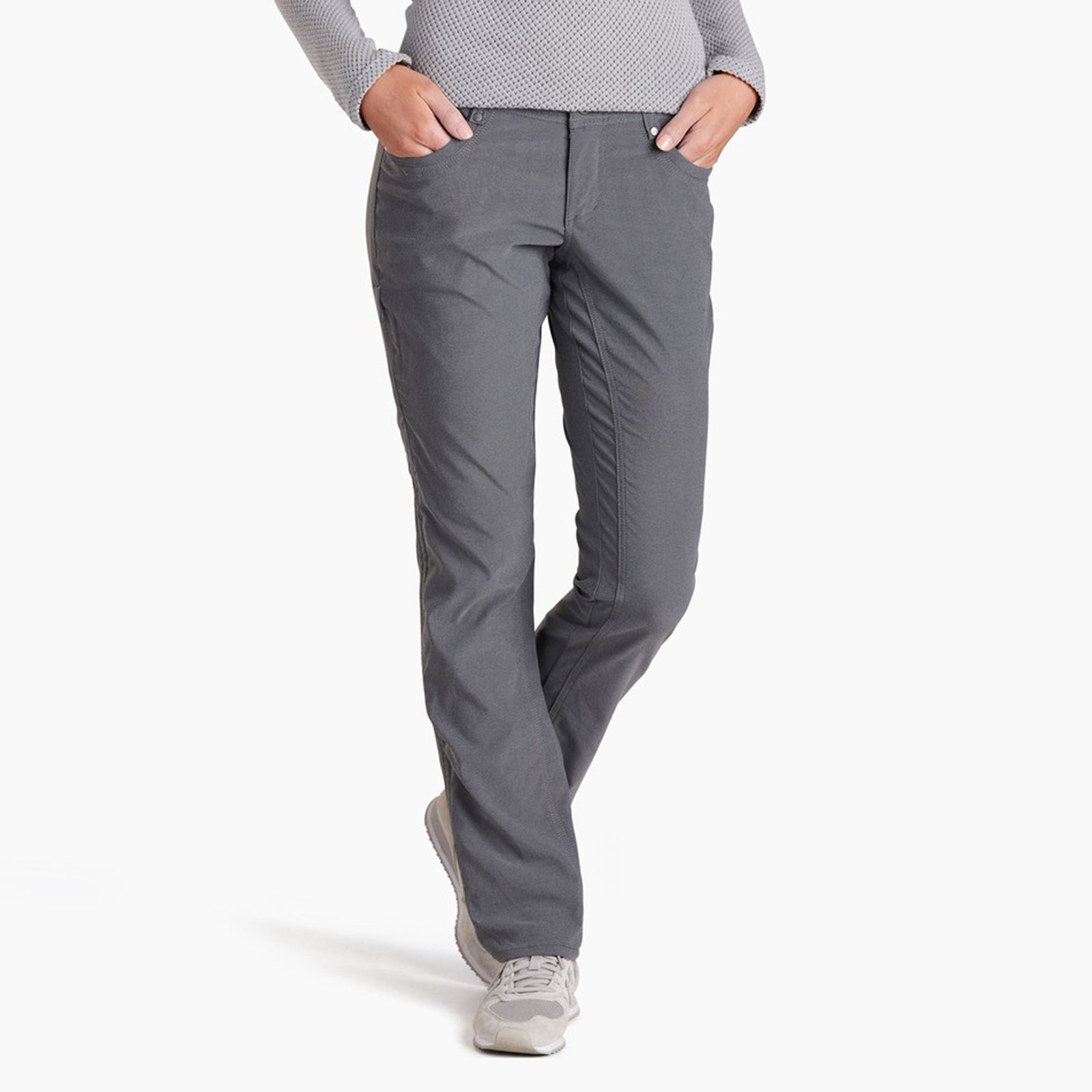 kuhl hiking pant womens front view on model in color dark grey