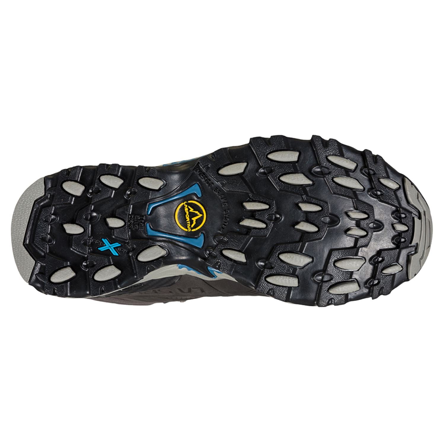 a view of the sole of the women's la sportiva ultra raptor ii mid leather goretex in carbon/atlantic