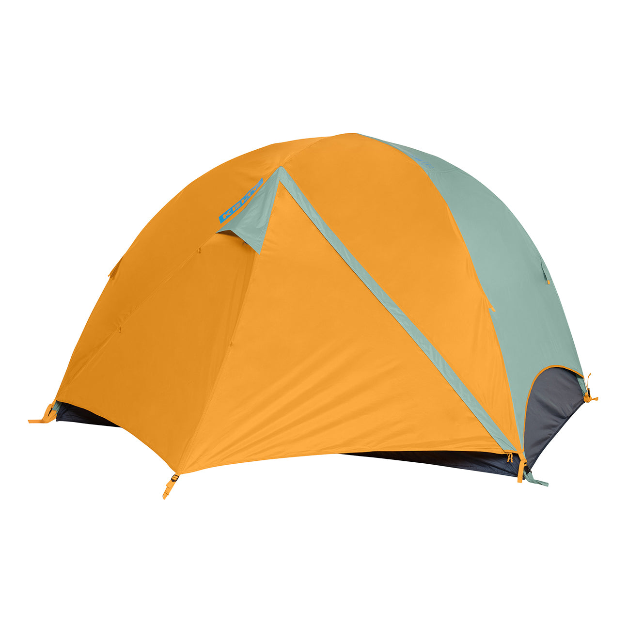 kelty wireless 4 person tent fly on and closed front view in color light teal and orange