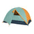 kelty wireless 4 person tent fly on and open front view in color light teal dark blue and orange
