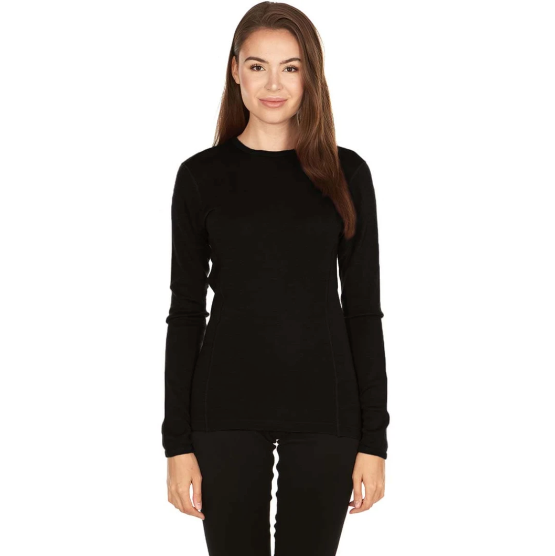 minus33 women&#39;s midweight wool crew black on model front view