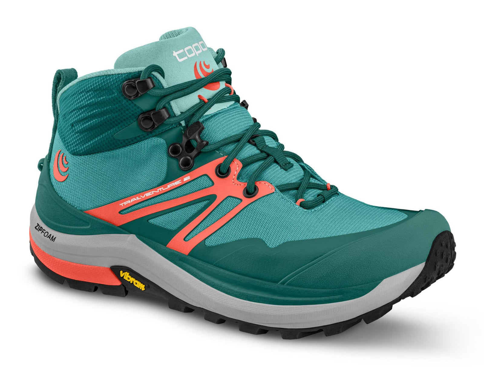 3/4 view of the topo trailventure 2 mid womens in the color teal/coral
