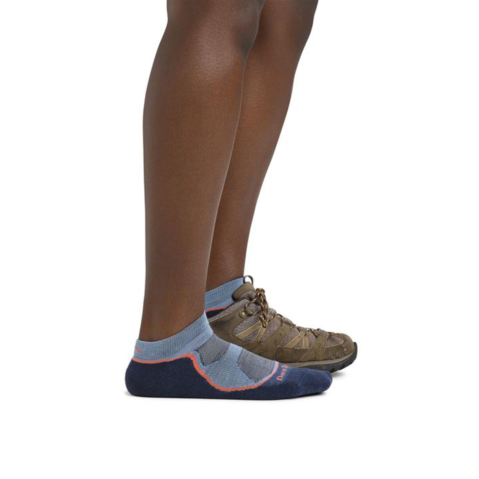 a model wears the demin color and one shoe